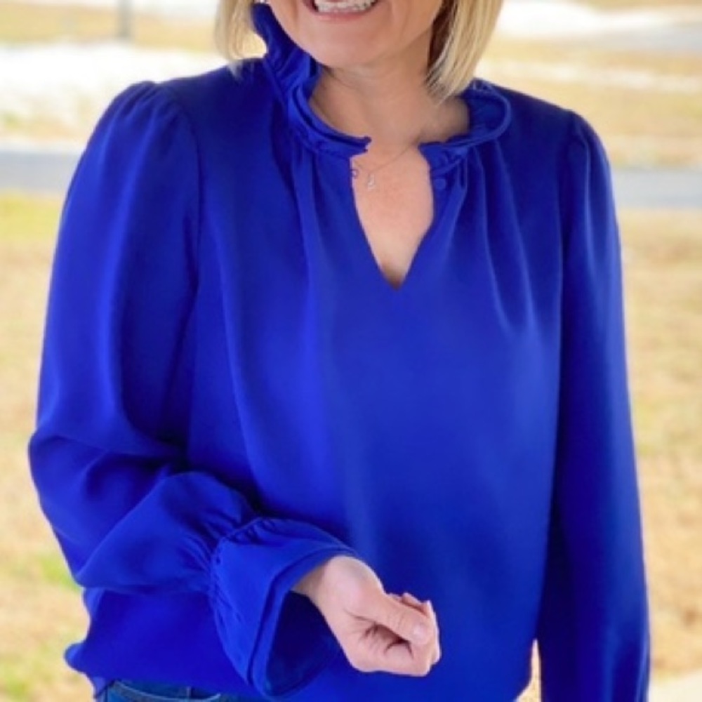 J Crew Ruffle Neck Top in 365 Crepe Electric Blue | XS